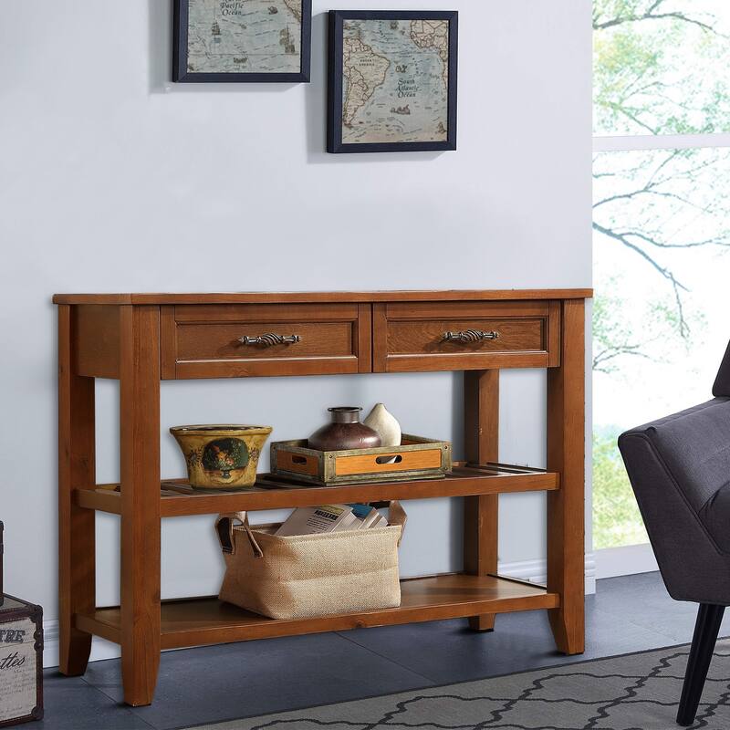 Vintage French Style Console Table with 2 Drawers and 2 Bottom Shelves - Brown
