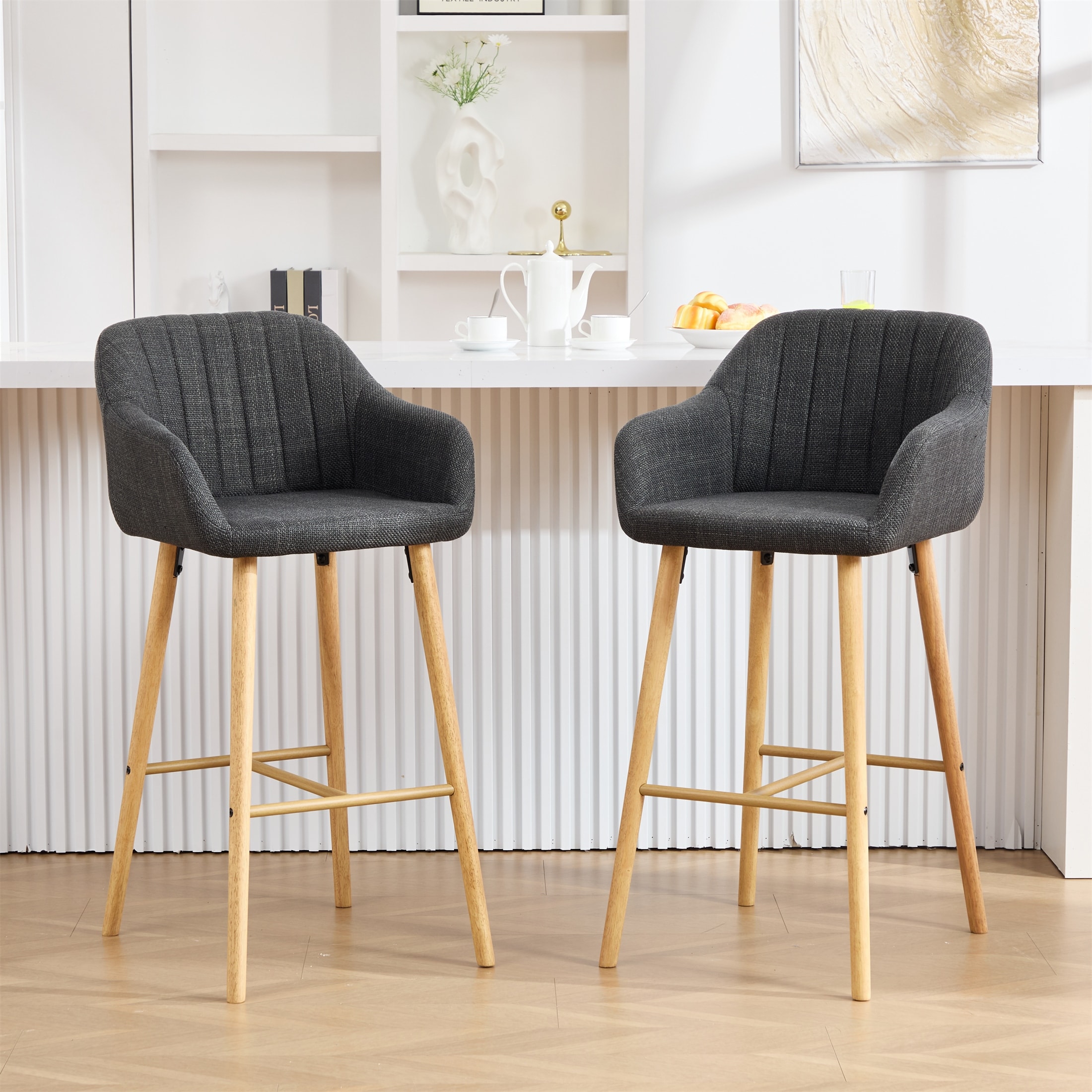 Modern Bar Stools with Back and Solid Wood Leg(Set of 2)