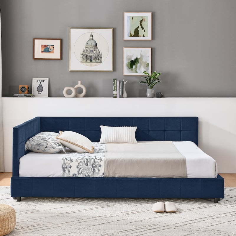 Mid-Century Full Size Velvet Daybed with Tufted Backrest & Armrests, Upholstered Sofa Bed Frame for Bedroom or Living Room