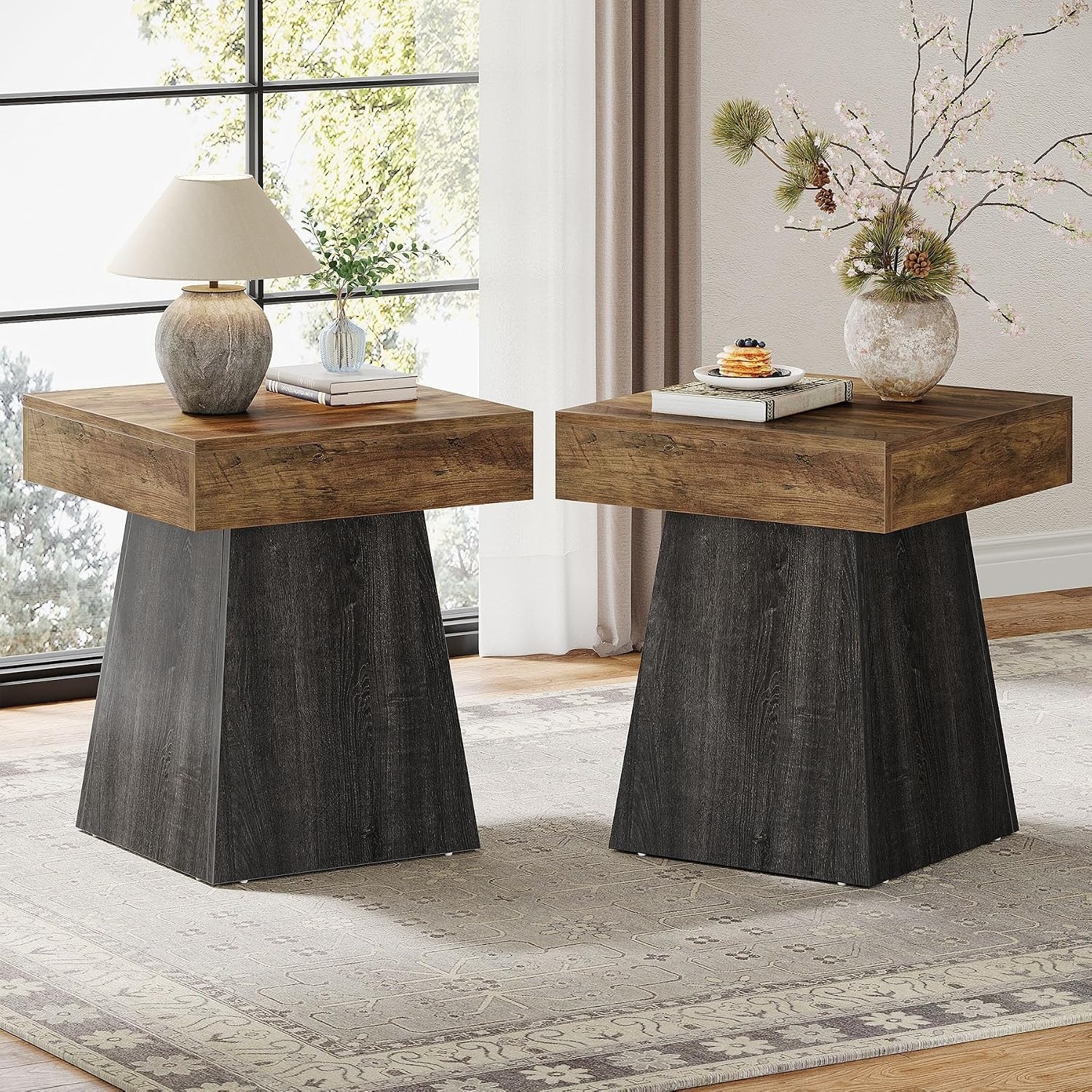 19.7" Small End Tables for Living Room, Rustic Square Side Table with Wide Base, Farmhouse Nightstand Beside