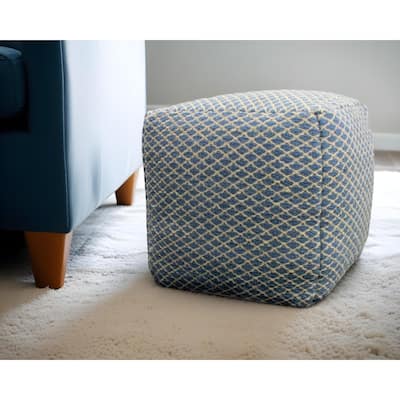 18" Blue and Beige Wool Cube Trellis Pouf Ottoman