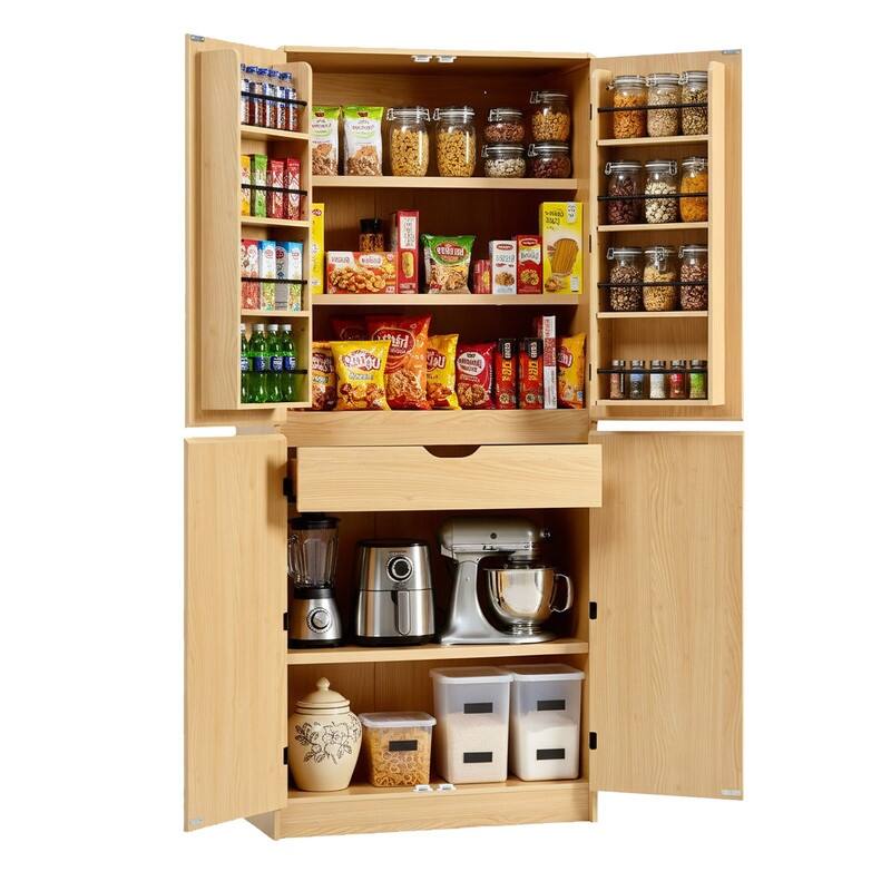 Farmhouse 72" Tall Kitchen Pantry Cabinet, Freestanding Curved Design with Adjustable Shelves and Hidden Drawer