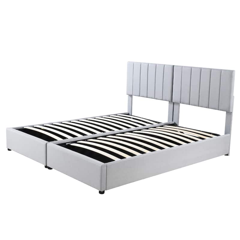 King Size Upholstered Platform Bed with Hydraulic Lift Storage, Vertical Stripe Headboard, and Ample Under-Bed Storage
