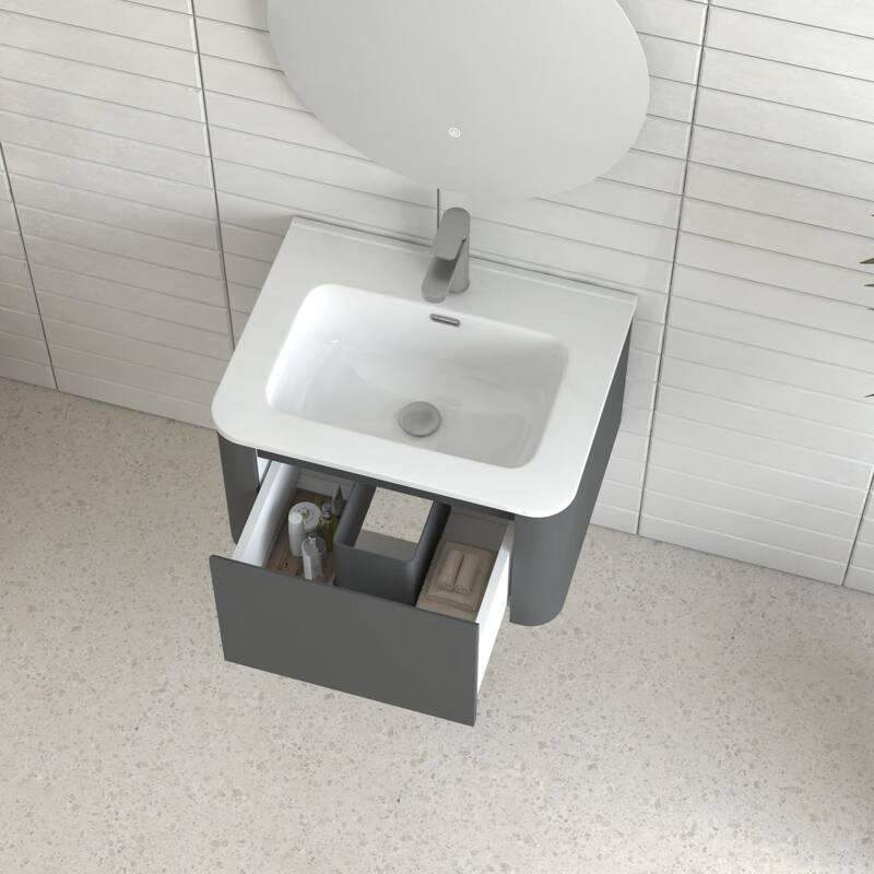 24" Grey Wall Mounted Bathroom Vanity with Basin Floating Vanity Drawer Bathroom Cabinet with White Ceramic Integrated Basin