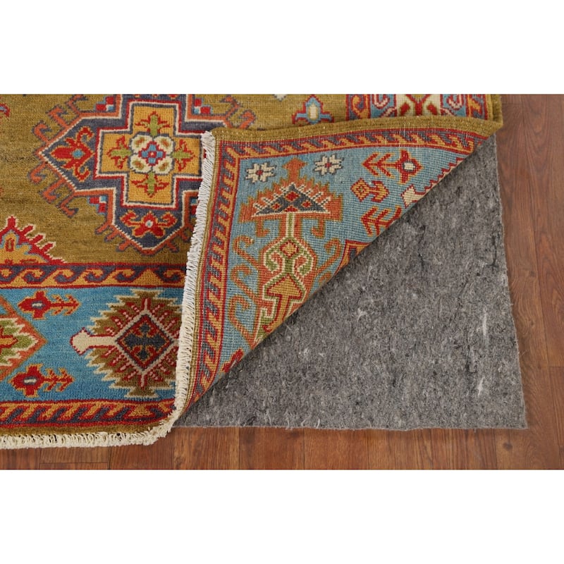 Kazak Accent Rug Handmade Yellow Geometric Wool Carpet - 3'4" x 4'10"