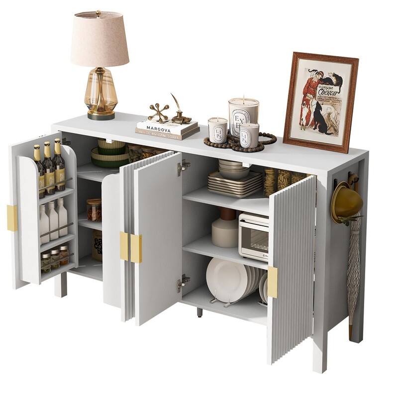 Modern 57.5" Fluted Door 4-Door Sideboard with Side Hooks and Adjustable Shelves