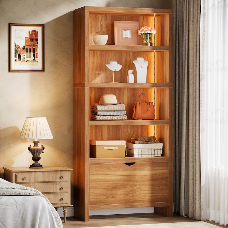 4-Tier Tall Storage Cabinet with Drawer and Light, Rustic Brown - 31.5"L x 13.78"W x 70.87"H