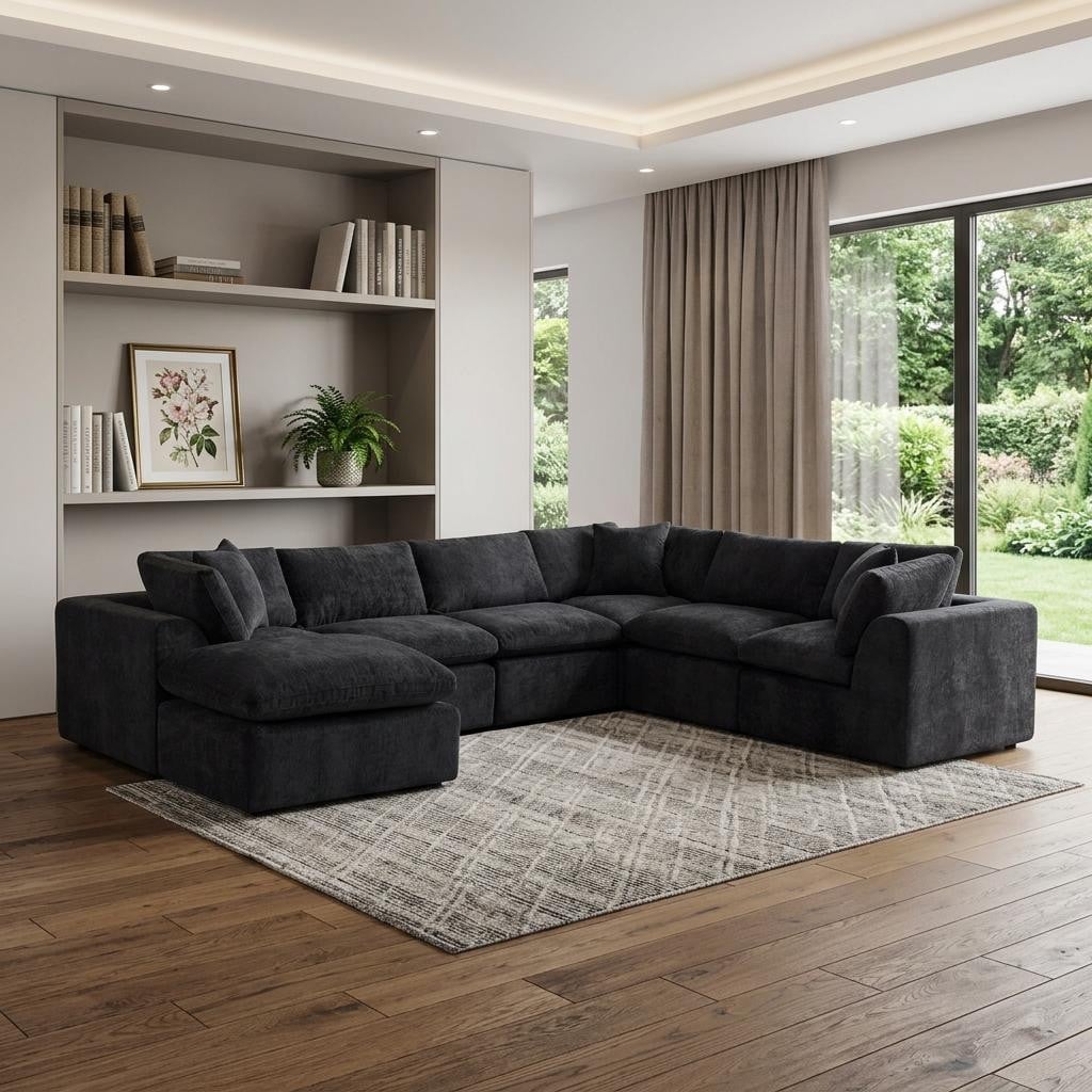 HomeRoots 138" Black Chenille Modular Sofa Chaise With Ottoman And Toss Pillows