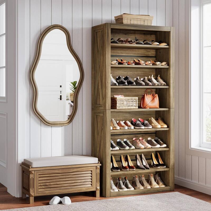 71 Inches Brown Wood Shoe Cabinet with Adjustable Shelves, 8-Tier Tall Shoe Storage Organizer for 32-36 Pairs of Shoes