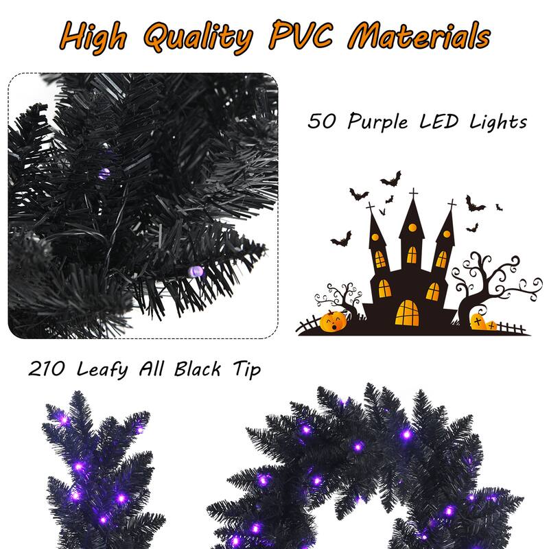 Gymax 9FT Pre-lit Black Halloween Garland Christmas Rattan w/ LED