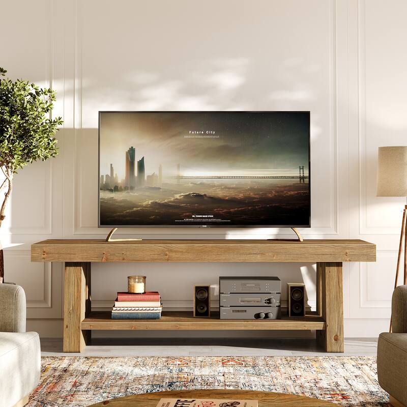 63" Solid Wood TV Stand with Open Storage Shelves, Entertainment Center Television Console for 75-Inch TVs Living Room Bedroom
