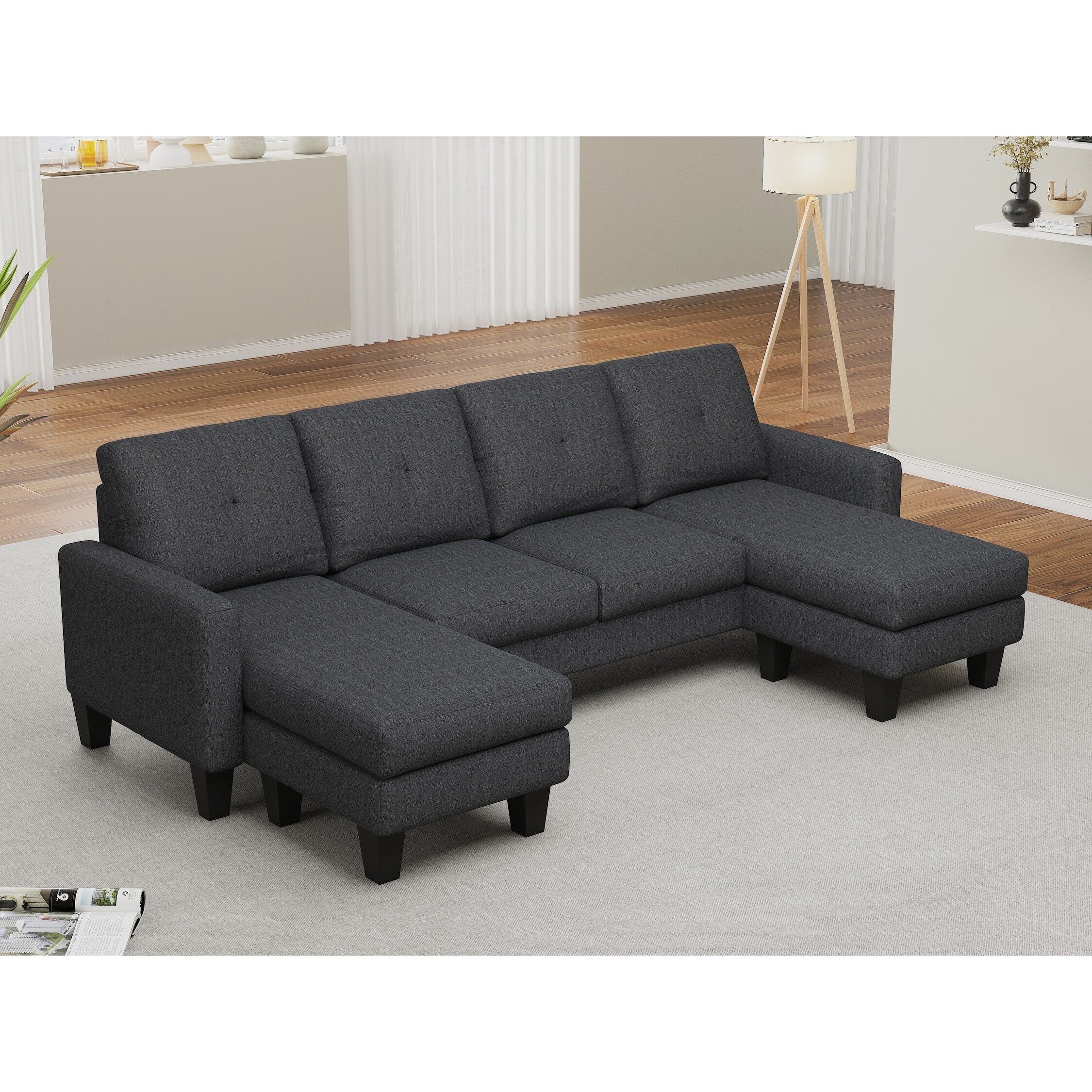 Dark Grey U-Shaped Sofa with Chaise, Modern Polyester Fabric