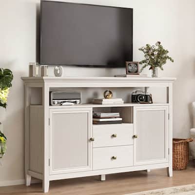 52.8" Boho Rattan Sideboard, Storage Cabinet with Drawers, Adjustable Shelves & Accent Buffet Cabinet for Kitchen, White