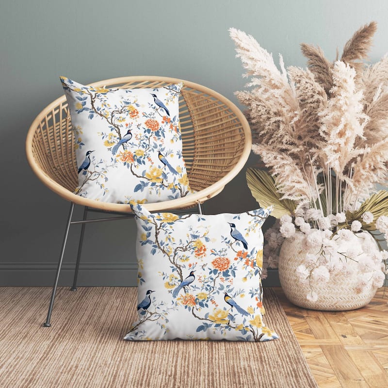 Flight of the Forest Indoor/Outdoor Reversible Throw Pillow White and Blue