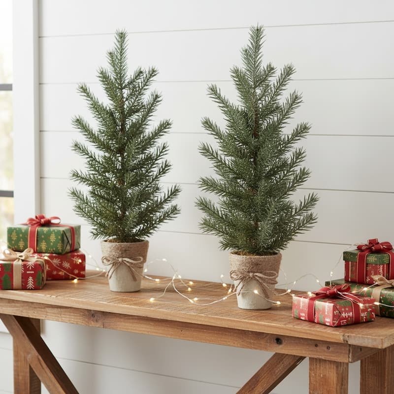 HomeRoots Set of Two 24" Mini Artificial Pine Trees In Rustic Beige Bow Tie Pots - 9.00 in. x 23.50 in. x 8.00 in. - Green - 9.00 in. x 23.50 in.  x 8.00 in.