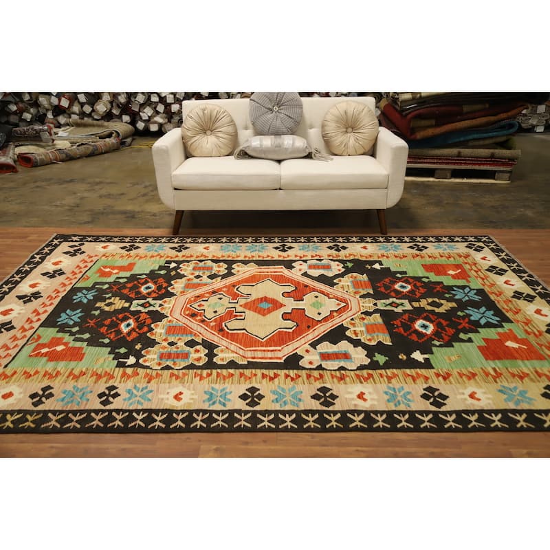 Hand Woven Oriental 100% Wool Carpet Southwestern Tribal Black Kilim Area Rug - 9' 8'' X 6' 4''