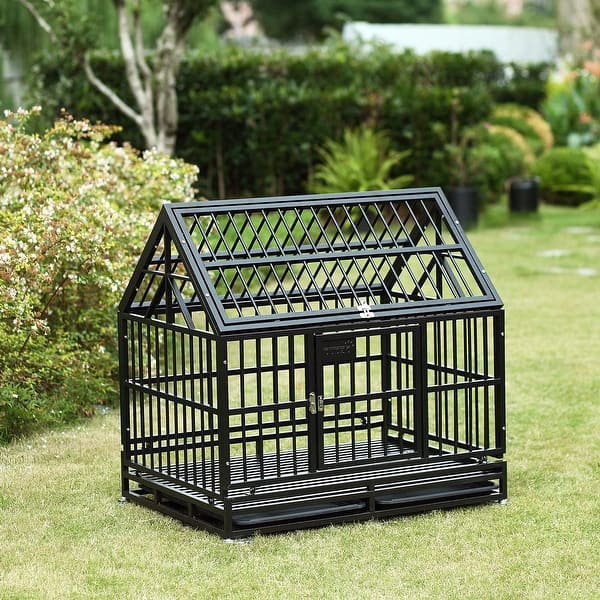 Heavy Duty Dog Cage Crate Strong Metal with Four Wheels and Roof for