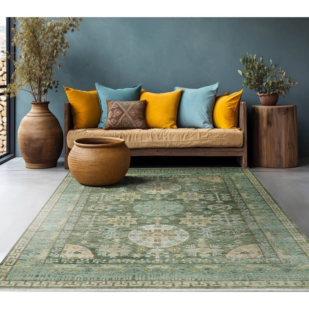 Green Traditional Oushak Wool Rug 9x12 Hand Knotted by LoomBloom - 8' 10'' x 12' 3''