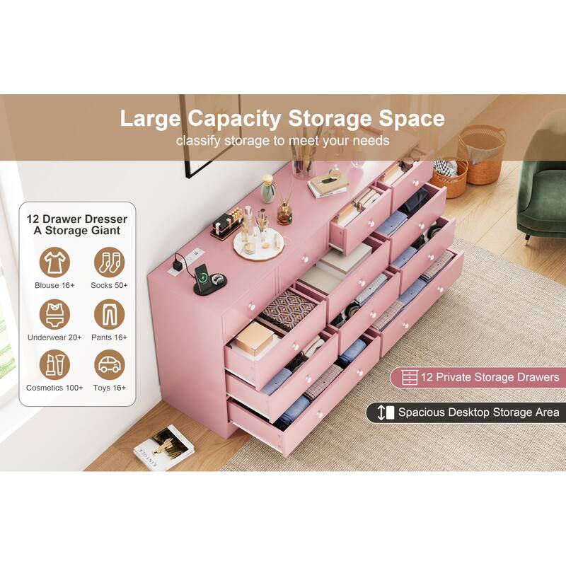 12 Drawer Dresser for Bedroom with Power Outlet, 61 Inch Wooden Storage Cabinet