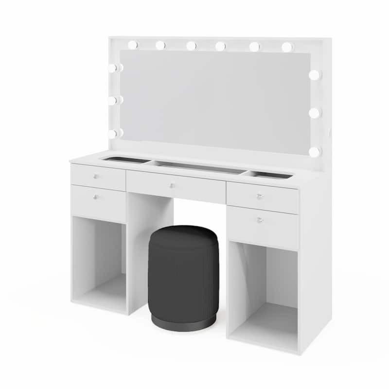 Makeup Vanity Desk w/ Free Black Storage Stool, LED Mirror, 5 Drawers, extra Storage, USB, Power Outlet
