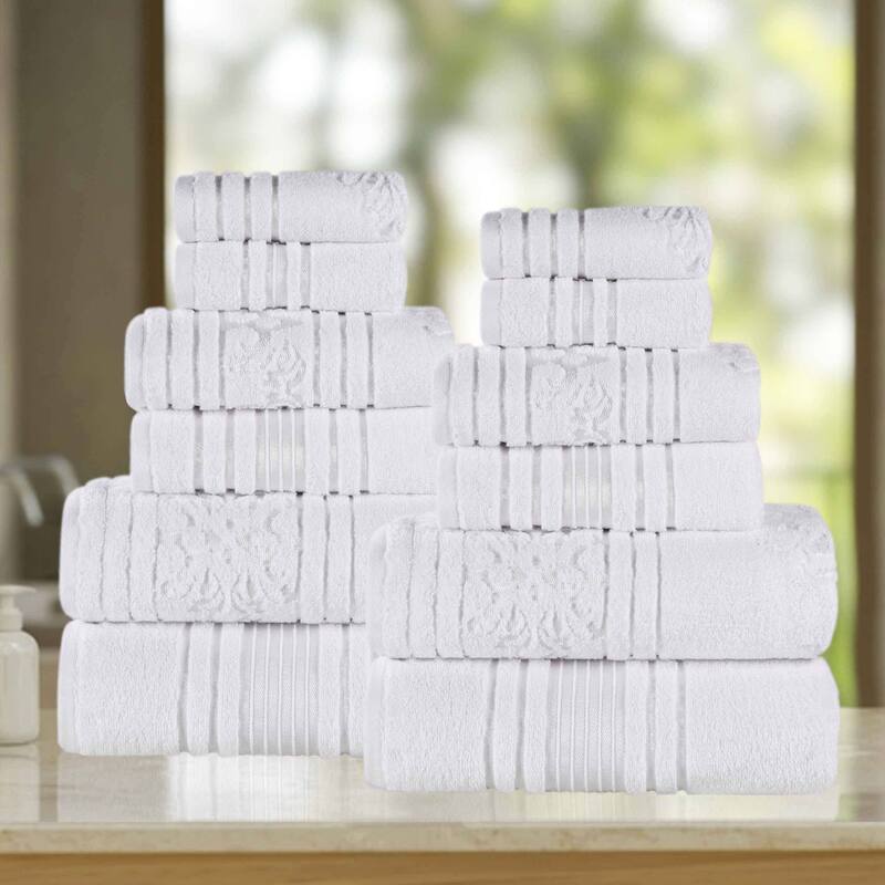 Superior Sadie Zero Twist Cotton Solid and Floral 12 Piece Towel Set - White