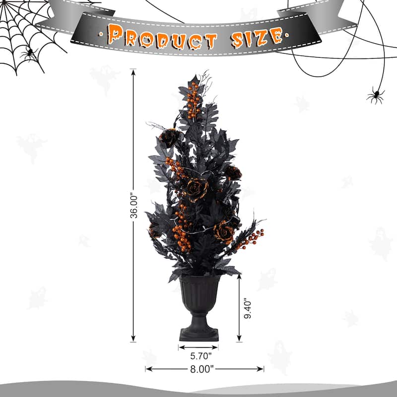 Glitzhome 36"H Halloween Lighted Black Rose Urn Porch Tree with Timer