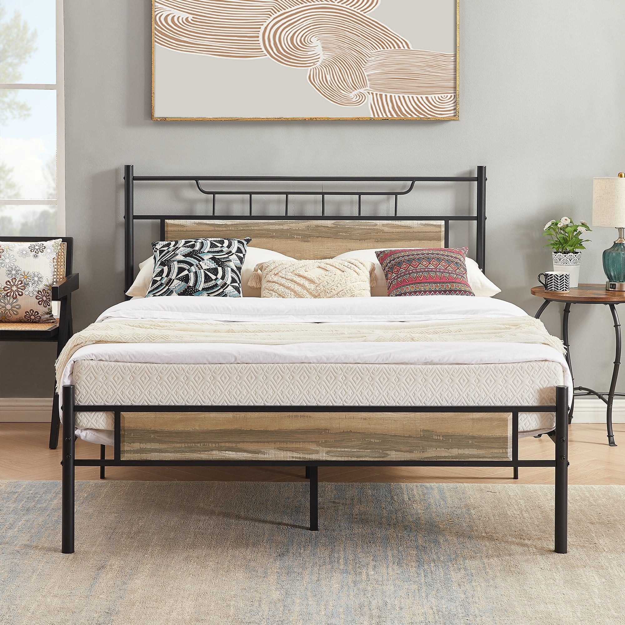 Javlergo Industrial Metal Bed Frame with Wooden Headboard No Box