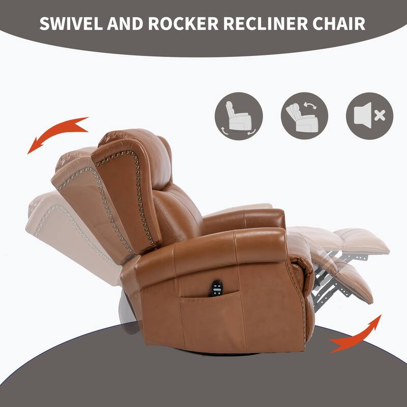 Genuine Leather Swivel Recliner Chair, Sofa Chair with Side Pockets, Manual Recliner Chair with Heat & Massage