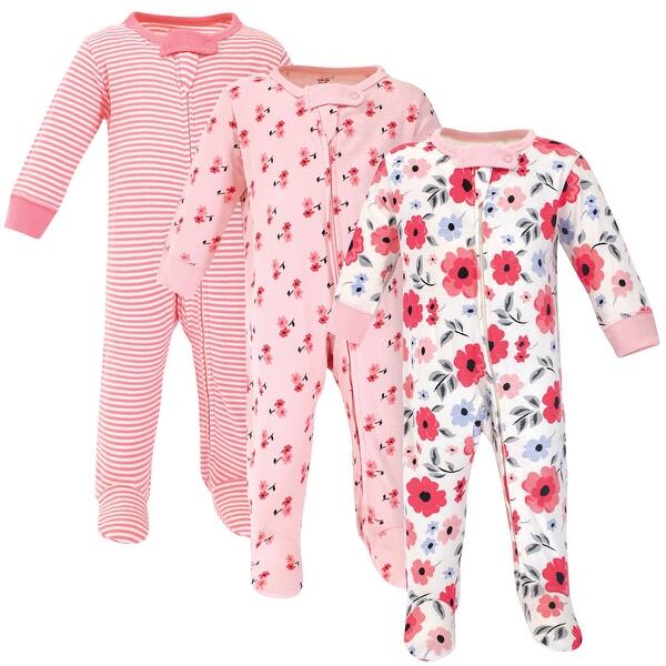 slide 1 of 1, Touched by Nature Baby Girl Organic Cotton Zipper Sleep and Play 3pk, Coral Garden 0-3 Months - Coral Garden