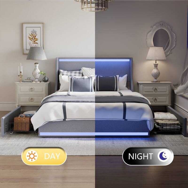 Upholstered LED Bed Frame with 2 Storage Drawers and Wingback Headboard, Linen Fabric Platform Bed with Charing Station