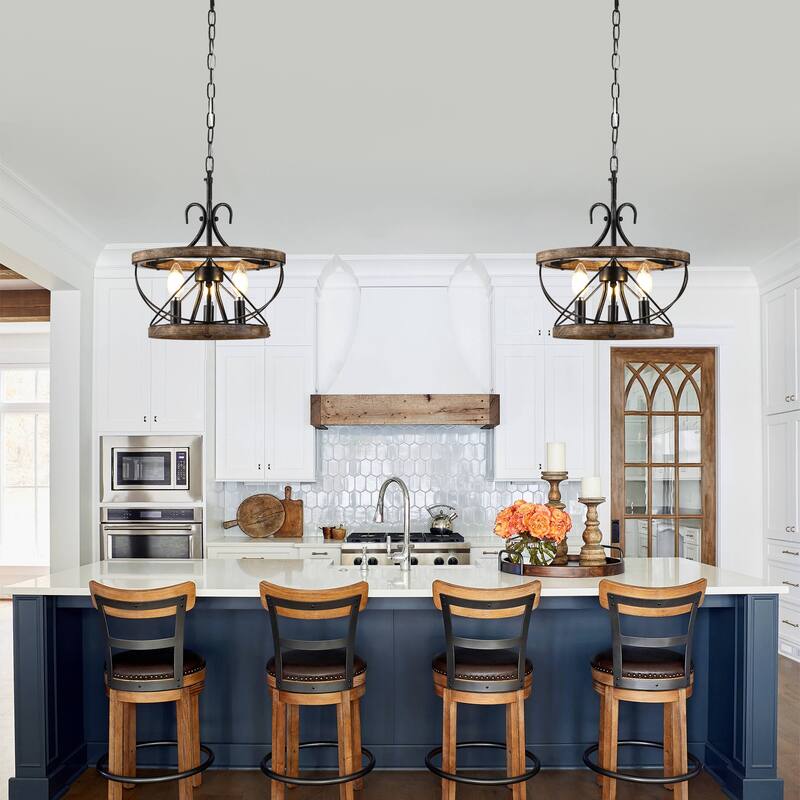 Bella Depot 5-Light Rustic Cage Wood Chandelier Dimmable Lighting, 15.7" Adjustable Farmhouse Pendant Light for Kitchen Island