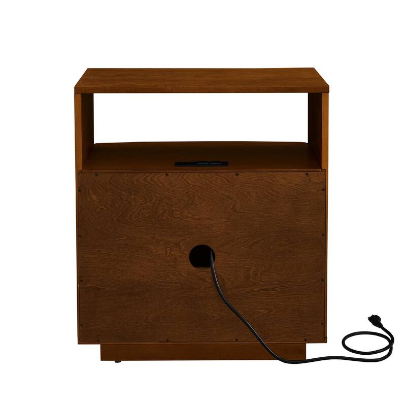 Nightstand with Charging Station, Storage Cabinet with Outlet Hole & Drawer, End Table Bedside Table with Open Shelf