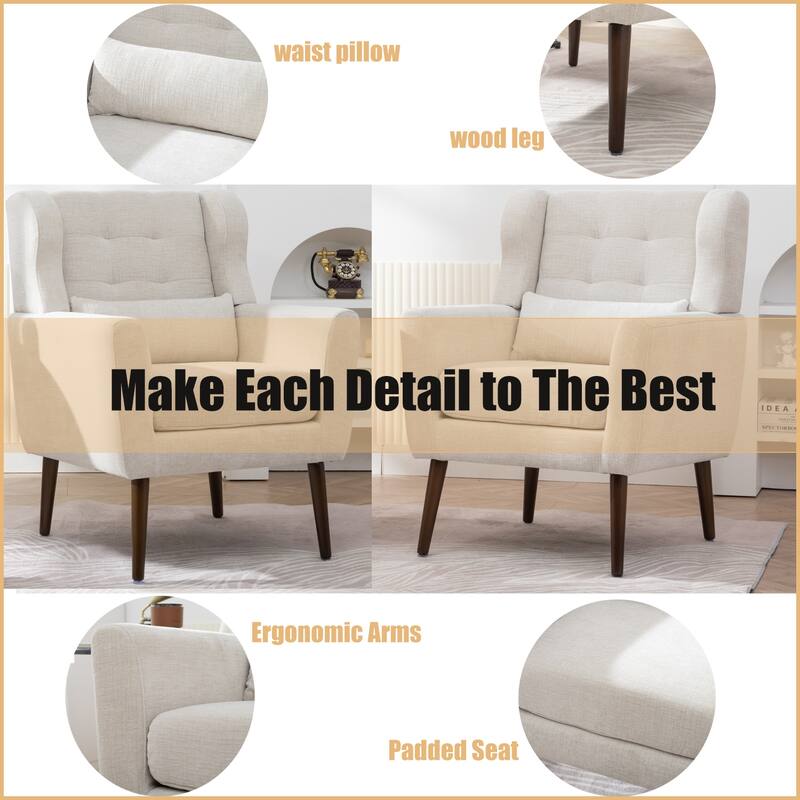 Beige Modern 24.21" Upholstered Button Tufted Arm Chair with Wood Legs for Living Room