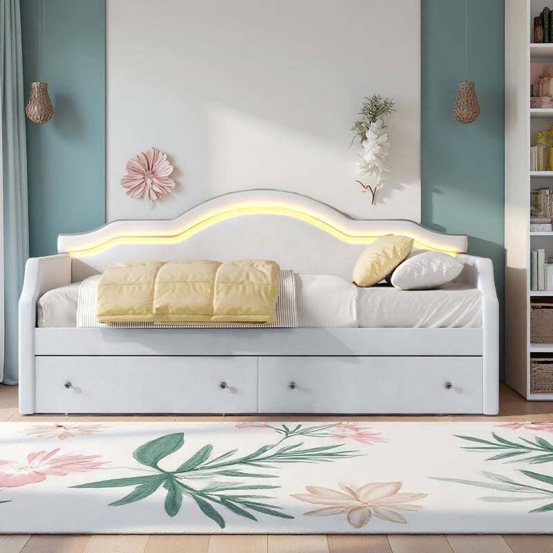 Velvet Upholstered Daybed with Color-Changing LED Light & Dual Drawers by Harper&Bright Designs - Beige - Full