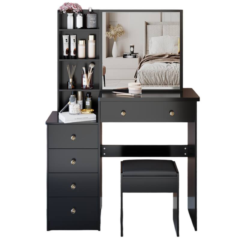 37" Full-Size Vanity Set with Sliding Mirror & Cushioned Stool