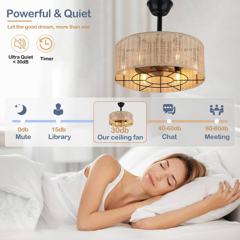 Cusp Barn 18 Inch Boho Caged Ceiling Fan, Farmhouse 6-Light Fandelier with 3 Speeds, Woven Rattan Chandelier for Bedroom