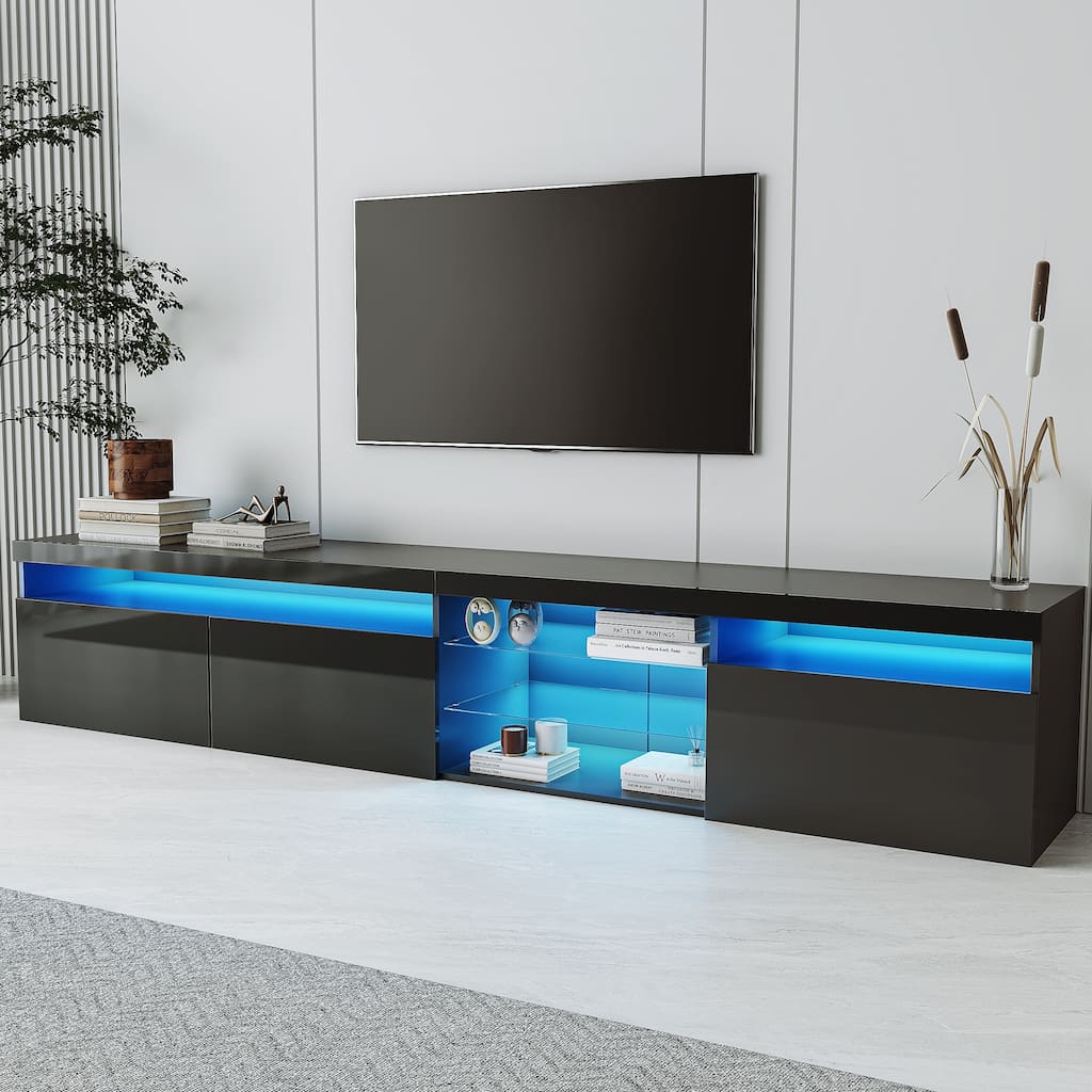 Roomfitters TV Stand, LED Media Console with Glass Shelves, Ample Storage for TVs Up to 105", Modern Black