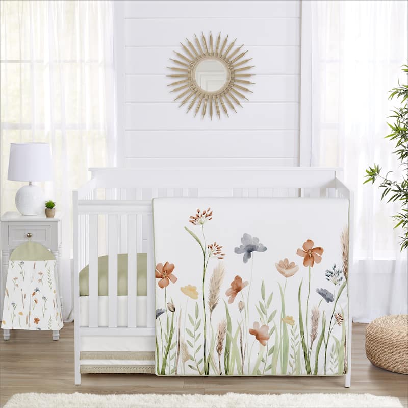 Boho Floral Garden Flower Girl Nursery Crib Bedding Set Sage Green Watercolor Bohemian Floral Vintage Shabby Chic Nature Fringe