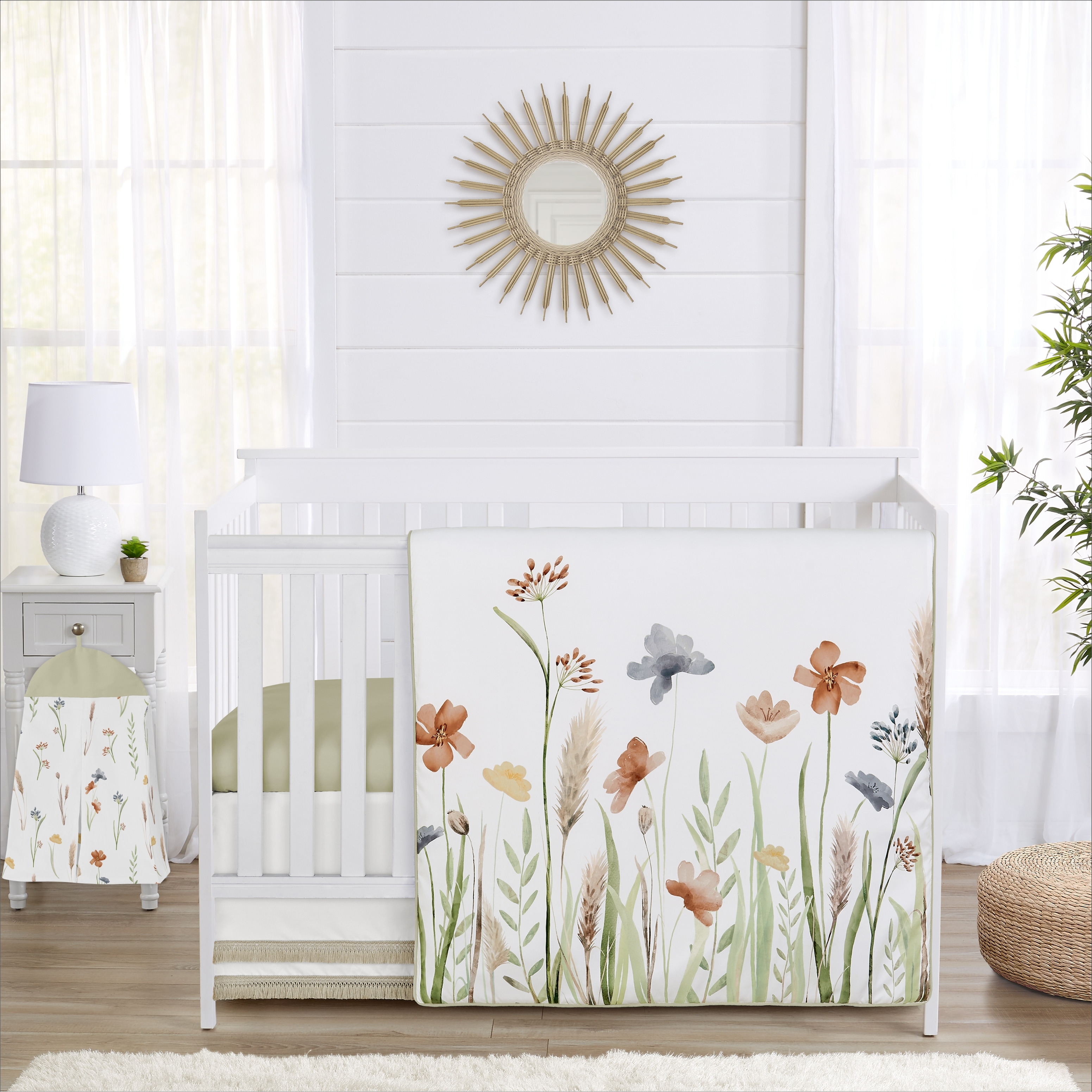 Boho Floral Garden Flower Girl Nursery Crib Bedding Set Sage Green Watercolor Bohemian Floral Vintage Shabby Chic Nature Fringe