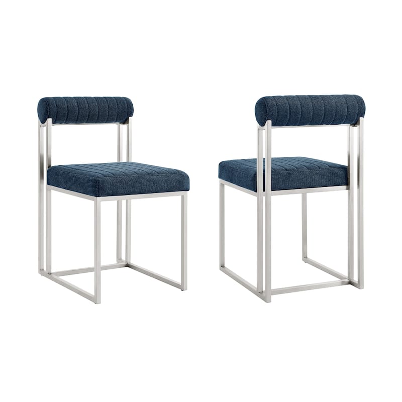 Tasie Dining Chair Set of 2, Stainless Steel, Blue Tufted Polyester