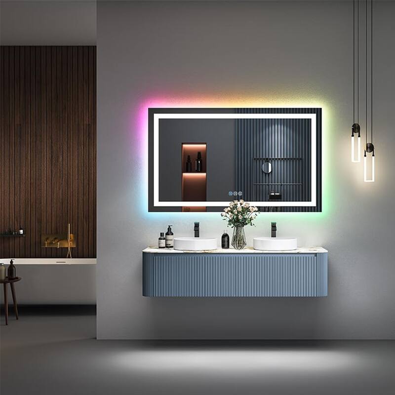 Super Bright RGB Backlit & LED Frontlit Anti-Fog Bathroom Vanity Mirror in Tempered Glass & ETL