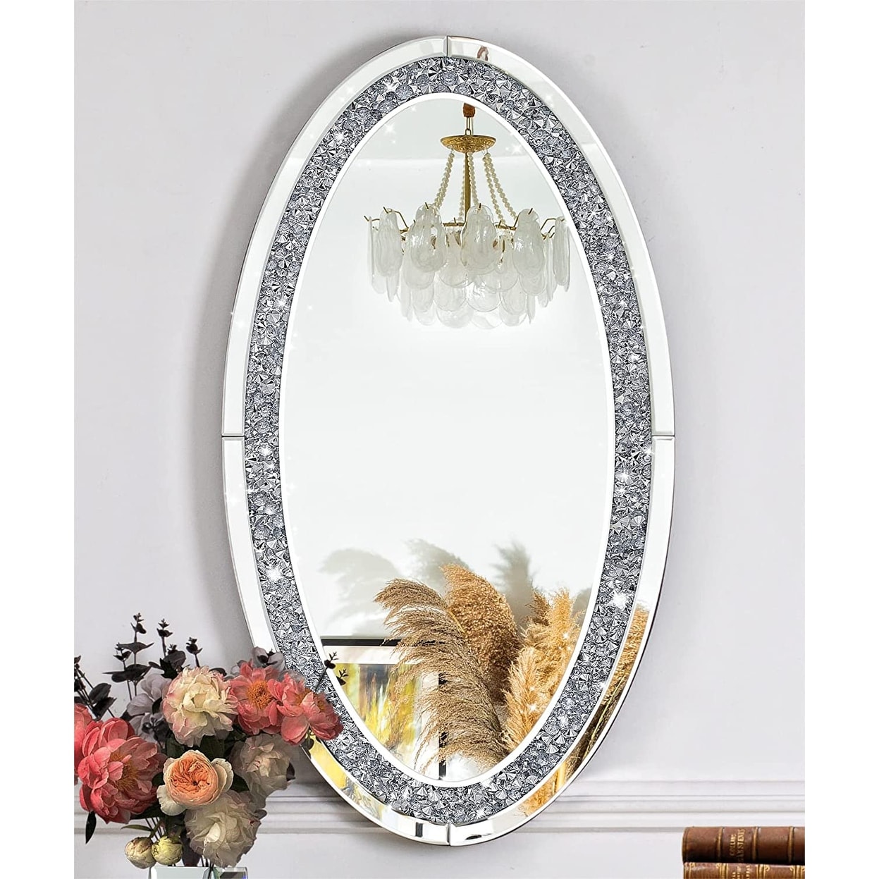 Sparkly Framed Oval Wall Mirror Diamond Silver-36
