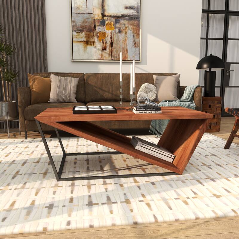 Brown Wood Diagonal Open Frame Living Room Coffee Table with Gray Metal Base
