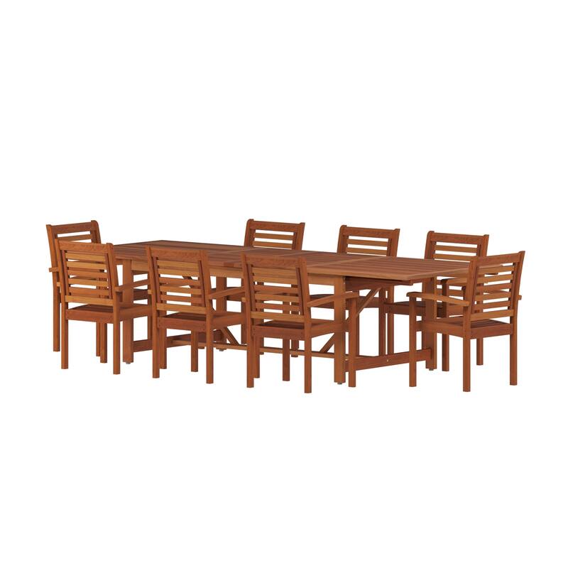 Eucalyptus Patio Dining Set - 9 Piece Extendable Outdoor Table & Chairs - Brown Finish