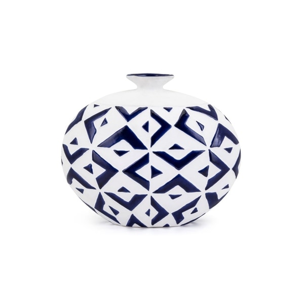 Short Neck Round Patterned Vase with Geometric Design, Small, White and Blue