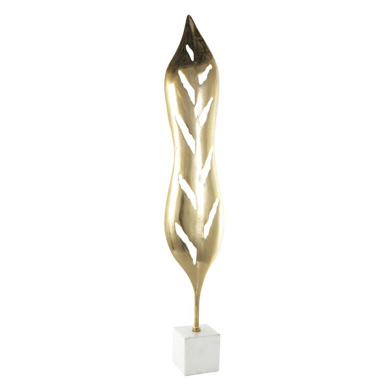 Aluminum Metal Leaf Tall Textured Cutout Decorative Sculpture with White Marble Base - Gold - Roche River Decor