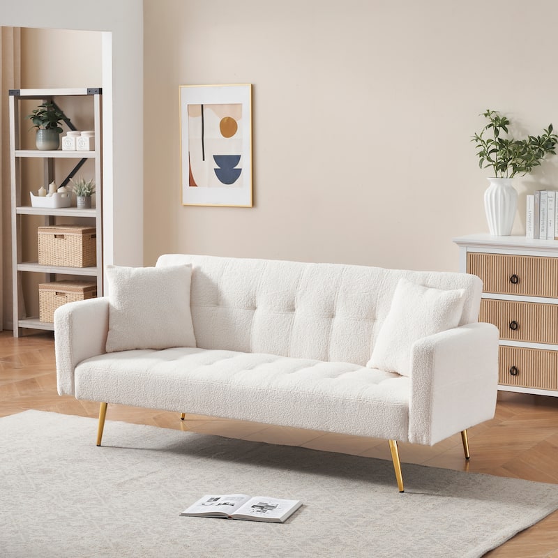 Folding Couch Teddy Fleece Sleeper Sofa Bed with Pillows and Metal Leg