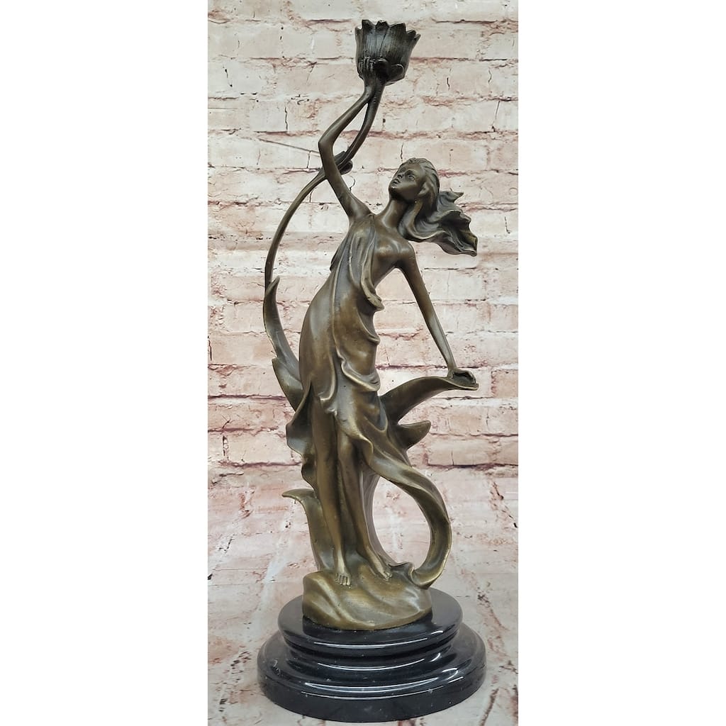 Art Nouveau Bronze Candle Holder Sculpture – Elegant Woman With Flowing Dress On Marble Base
