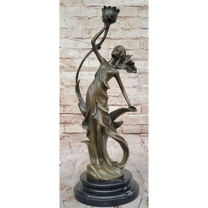 Art Nouveau Bronze Candle Holder Sculpture – Elegant Woman With Flowing Dress On Marble Base