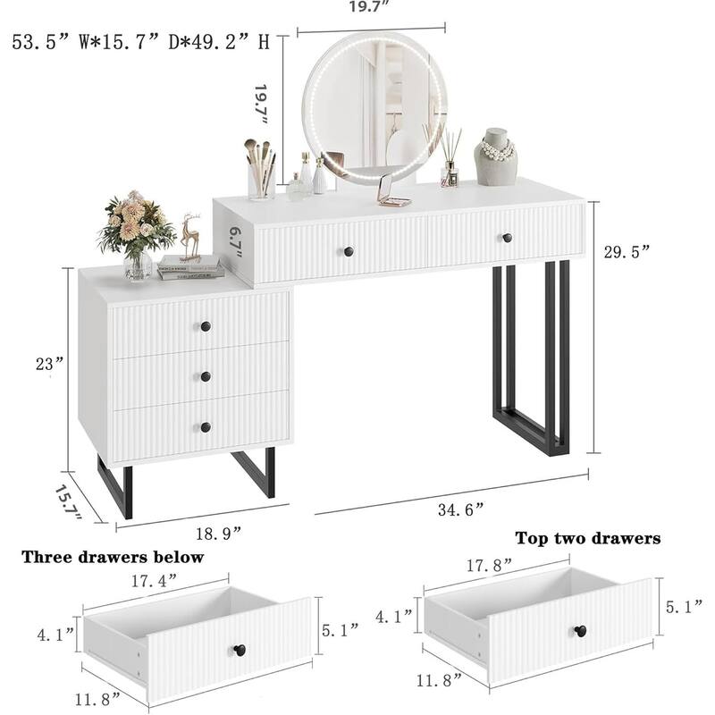 5 Drawers White Makeup Vanity Desk with Mirror and Lights